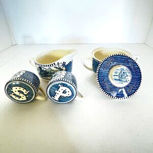 Vtg Royal China Currier & Ives Blue Sugar Bowl Lid Creamer Salt & Pepper Set